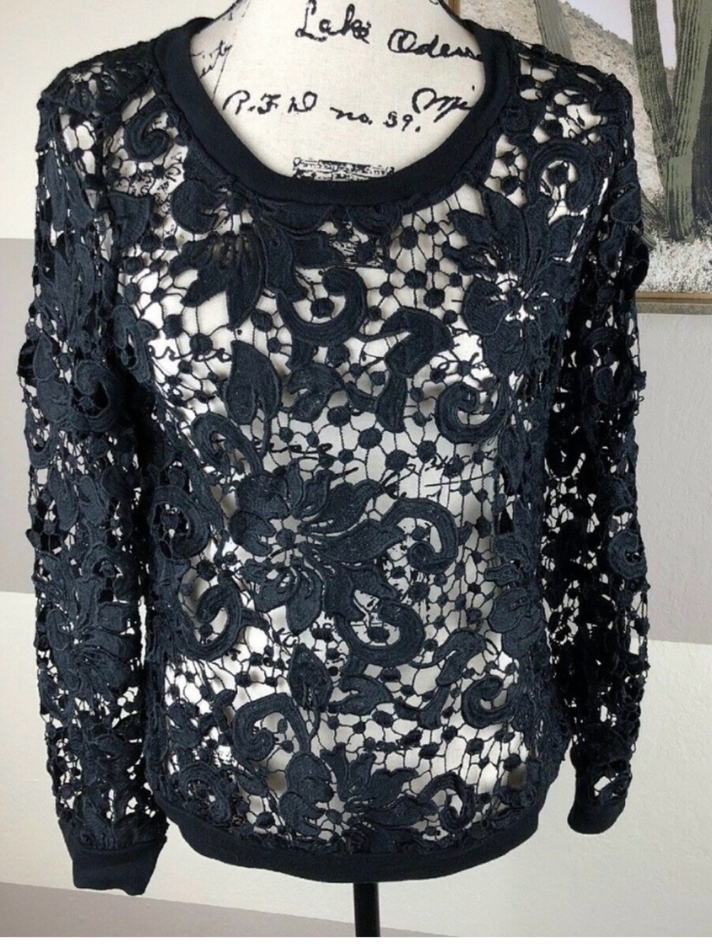 Bellatrix Black Floral Lace Long Sleeve Top | Sheer Lace Blouse | Size S petite